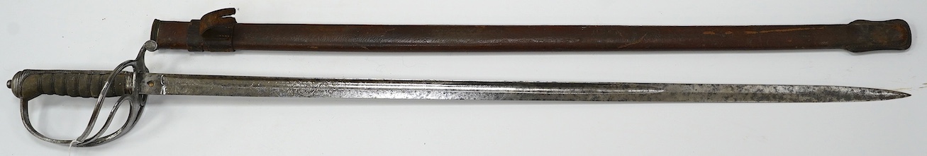 A George V Royal Artillery sword, regulation blade and hilt, in its leather scabbard, blade 90cm. Condition - poor, heavily pitted